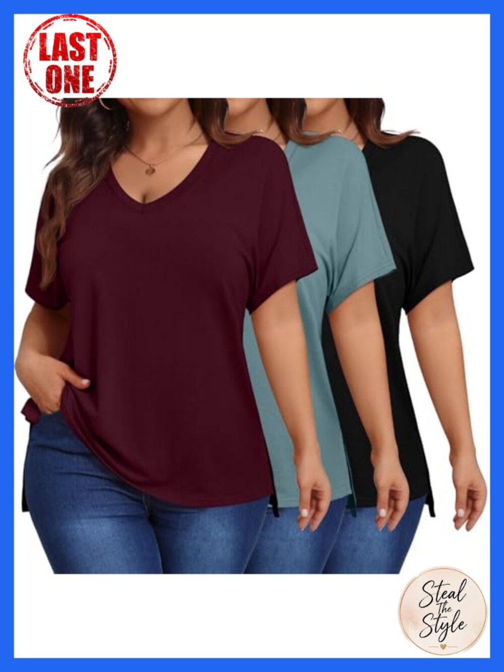 3 Pack Plus Size V-Neck Tunic Tops with High Low Hem, Short Sleeve, Polyester